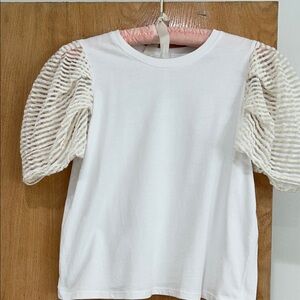 Design History White Tee with Cream Striped Sleeves